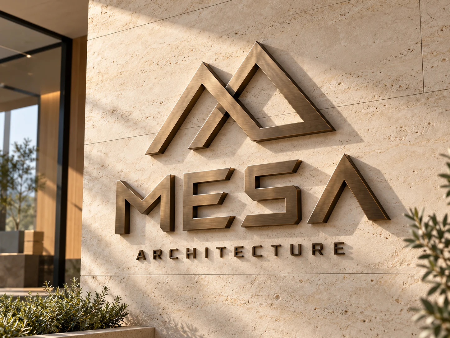 Brushed bronze MESA metal lettering design visualization