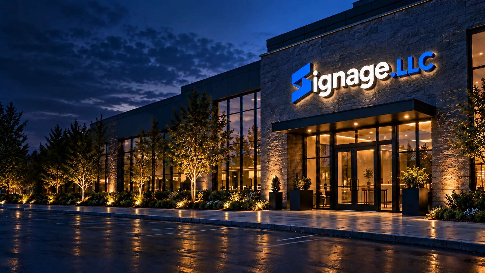 Signage.LLC metal backlit logo on a stone building facade, architectural design concept